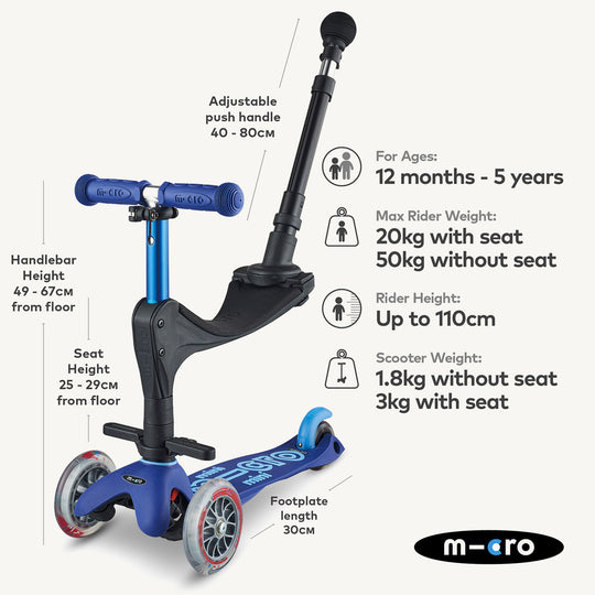 Micro Scooters Mini Micro 3in1 Deluxe Push Along Scooter - Blue - All Mamas Children