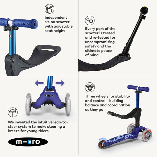 Micro Scooters Mini Micro 3in1 Deluxe Push Along Scooter - Blue - All Mamas Children