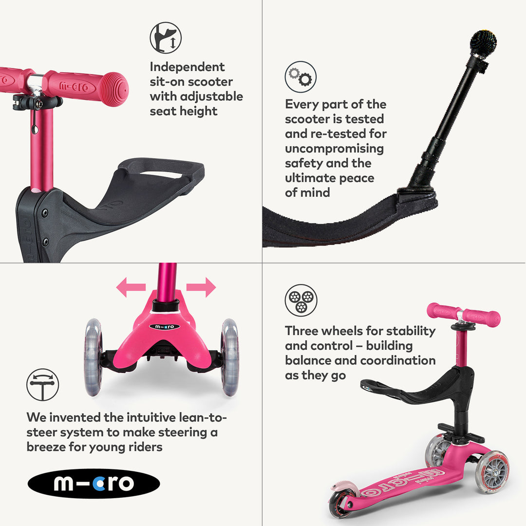 Micro Scooters Mini Micro 3in1 Deluxe Push Along Scooter - Pink - All Mamas Children