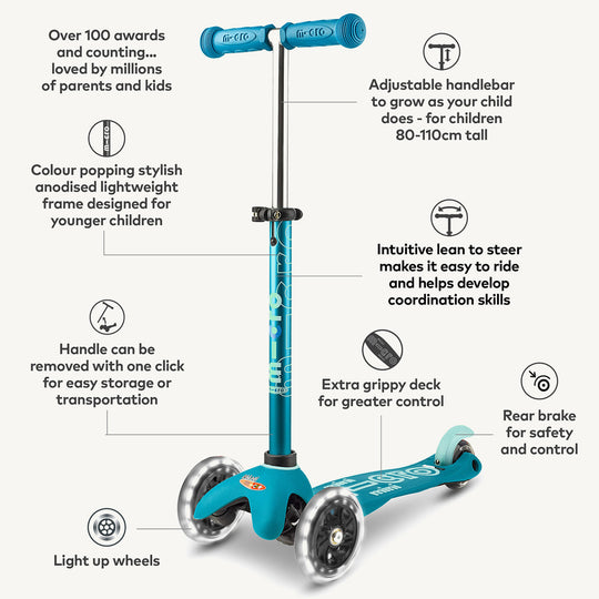 Micro Scooters Mini Micro Scooter Deluxe LED - Aqua - All Mamas Children