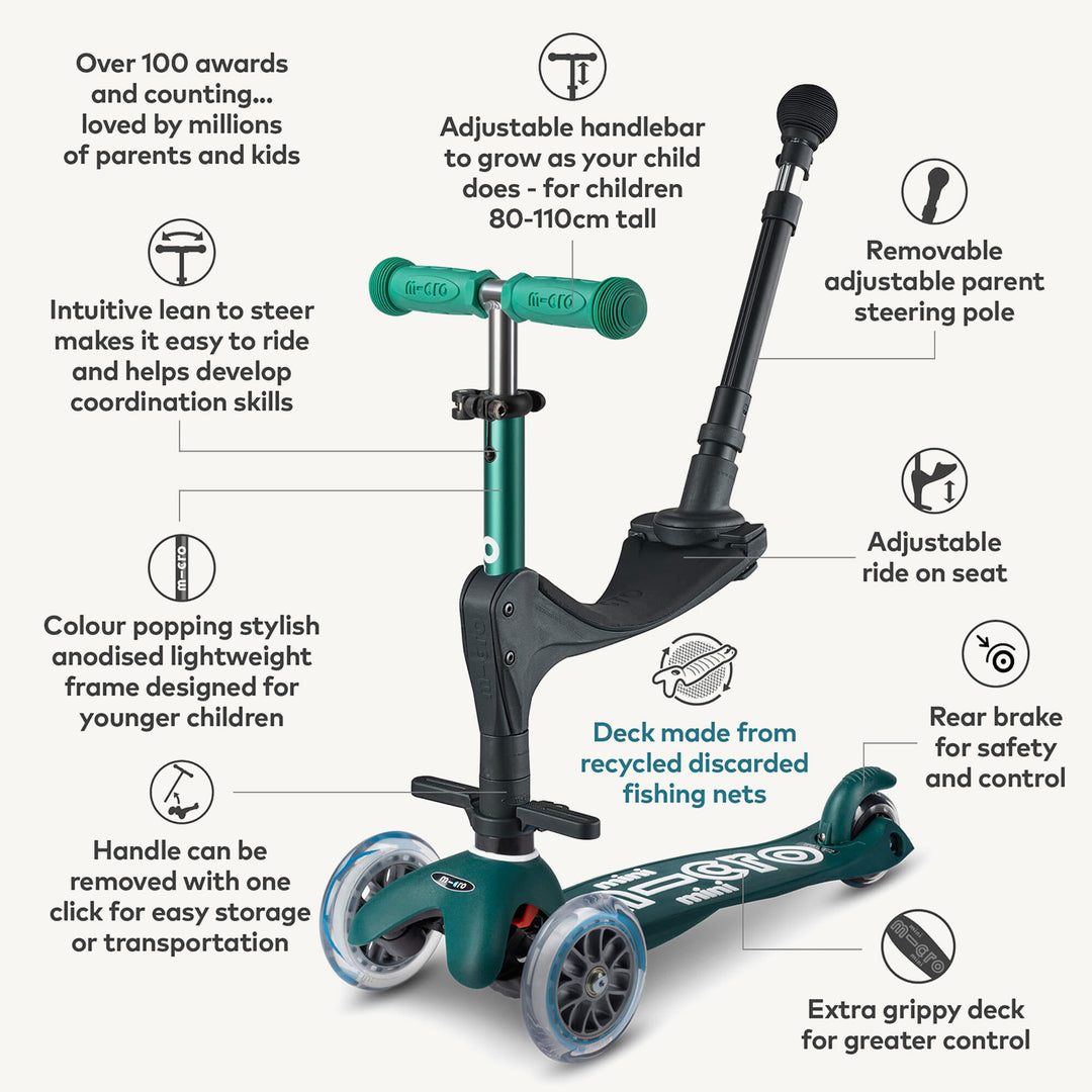 ♻️ Micro Scooters Eco Mini Micro 3in1 Deluxe Push Along Scooter - Green - All Mamas Children