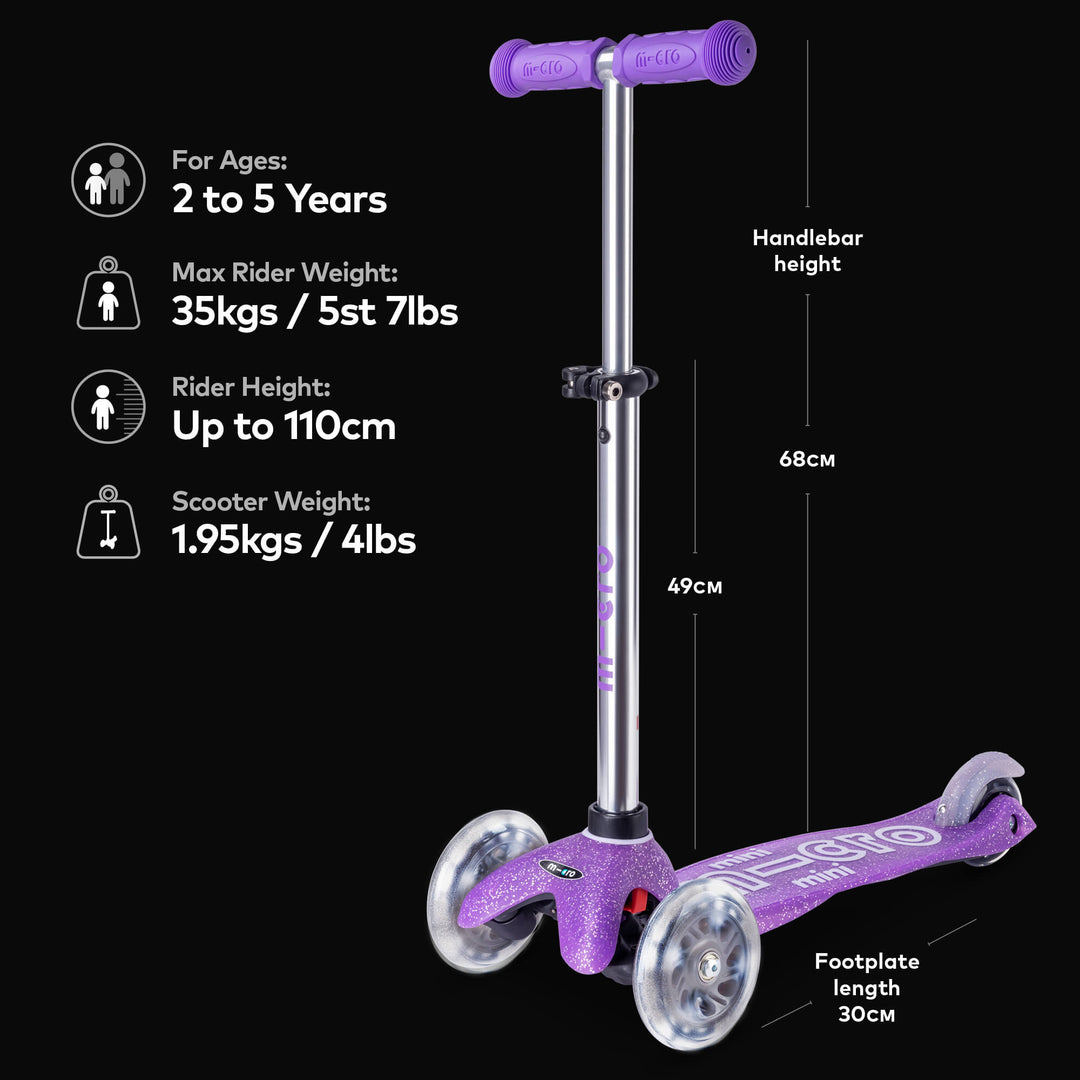 Micro Scooters Glitter Mini Micro Scooter Deluxe LED - Purple - All Mamas Children