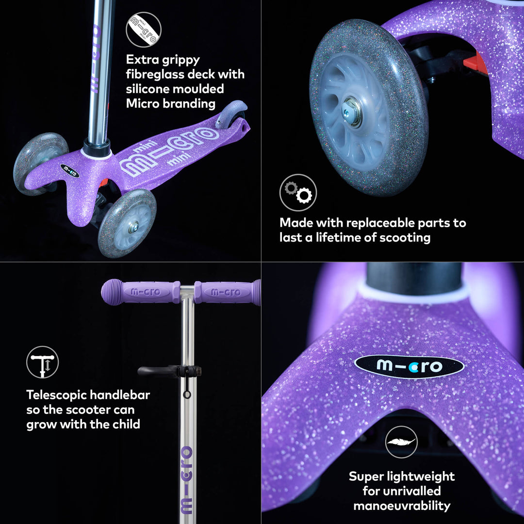 Micro Scooters Glitter Mini Micro Scooter Deluxe LED - Purple - All Mamas Children